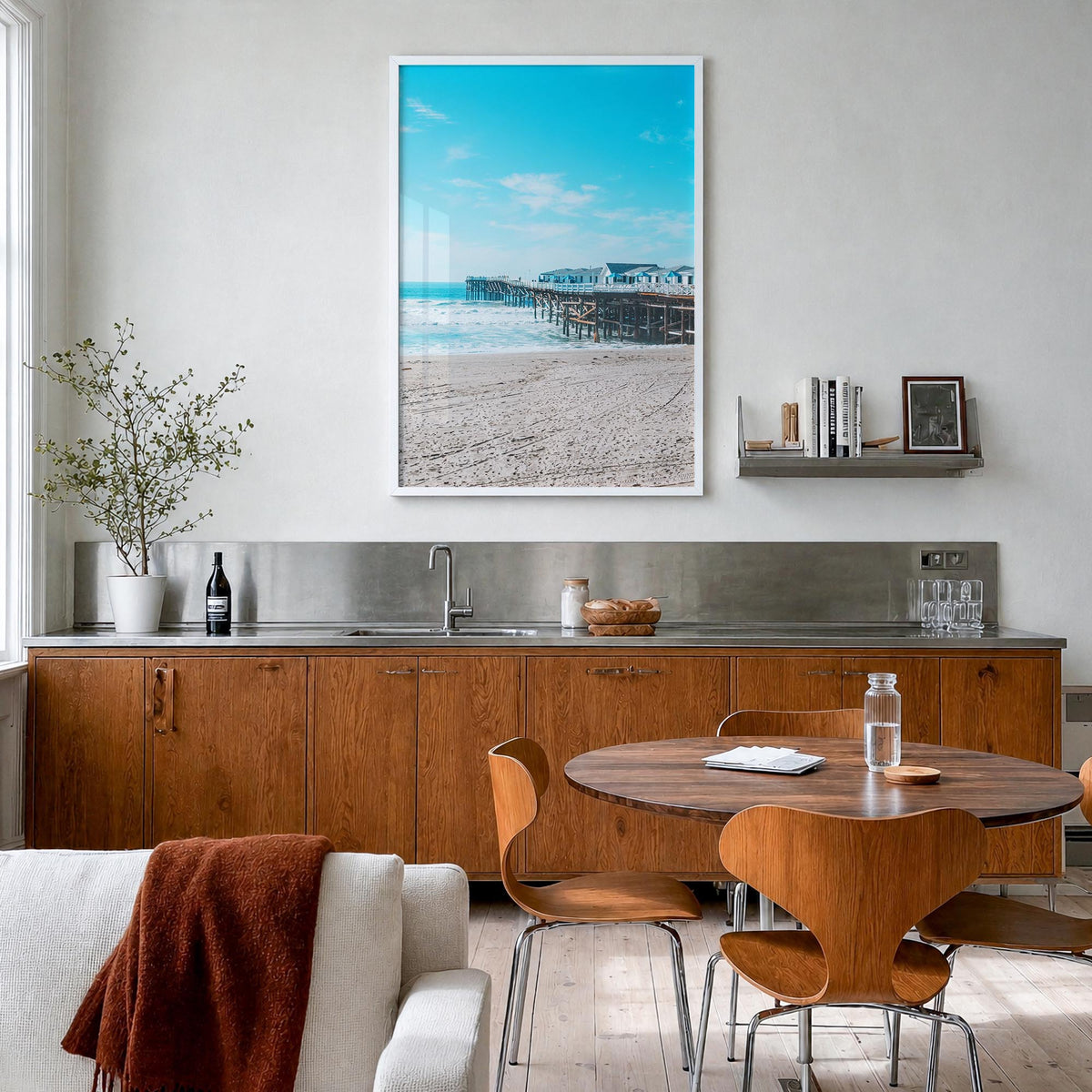 Pacific Beach no. 1 colorful photo poster of San Diego, California – vertical wall art in white wood frame, hanging on wall
