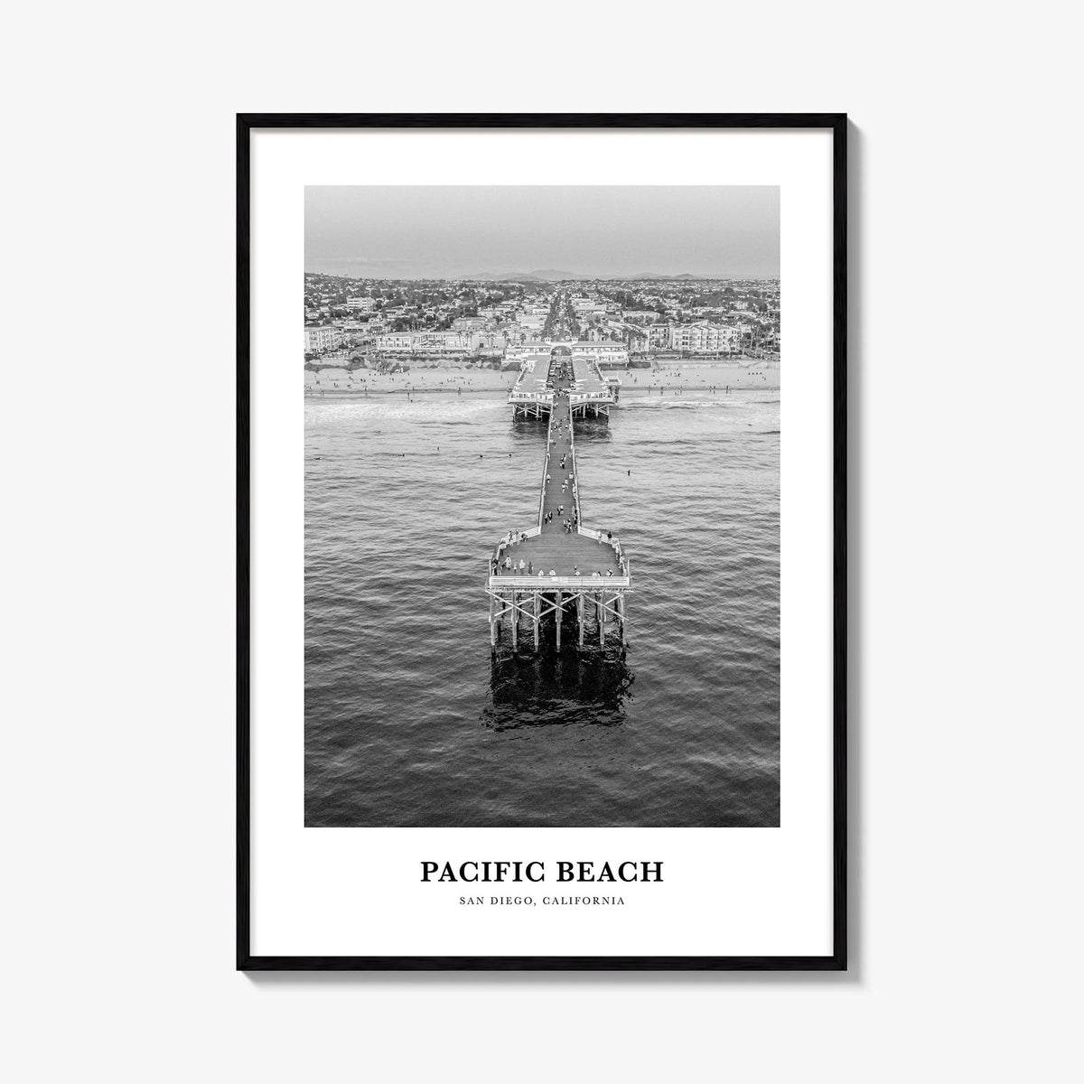 Pacific Beach no. 2 black & white classic poster of San Diego, California – vertical wall art, unframed print shown in interi