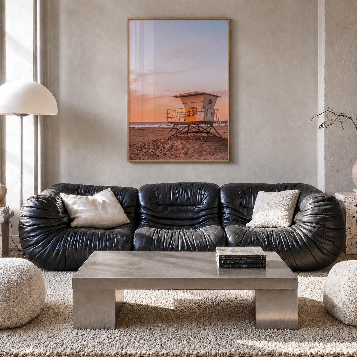 Pacific Beach no. 3 colorful photo poster of San Diego, California – vertical wall art in natural wood frame, hanging on wall