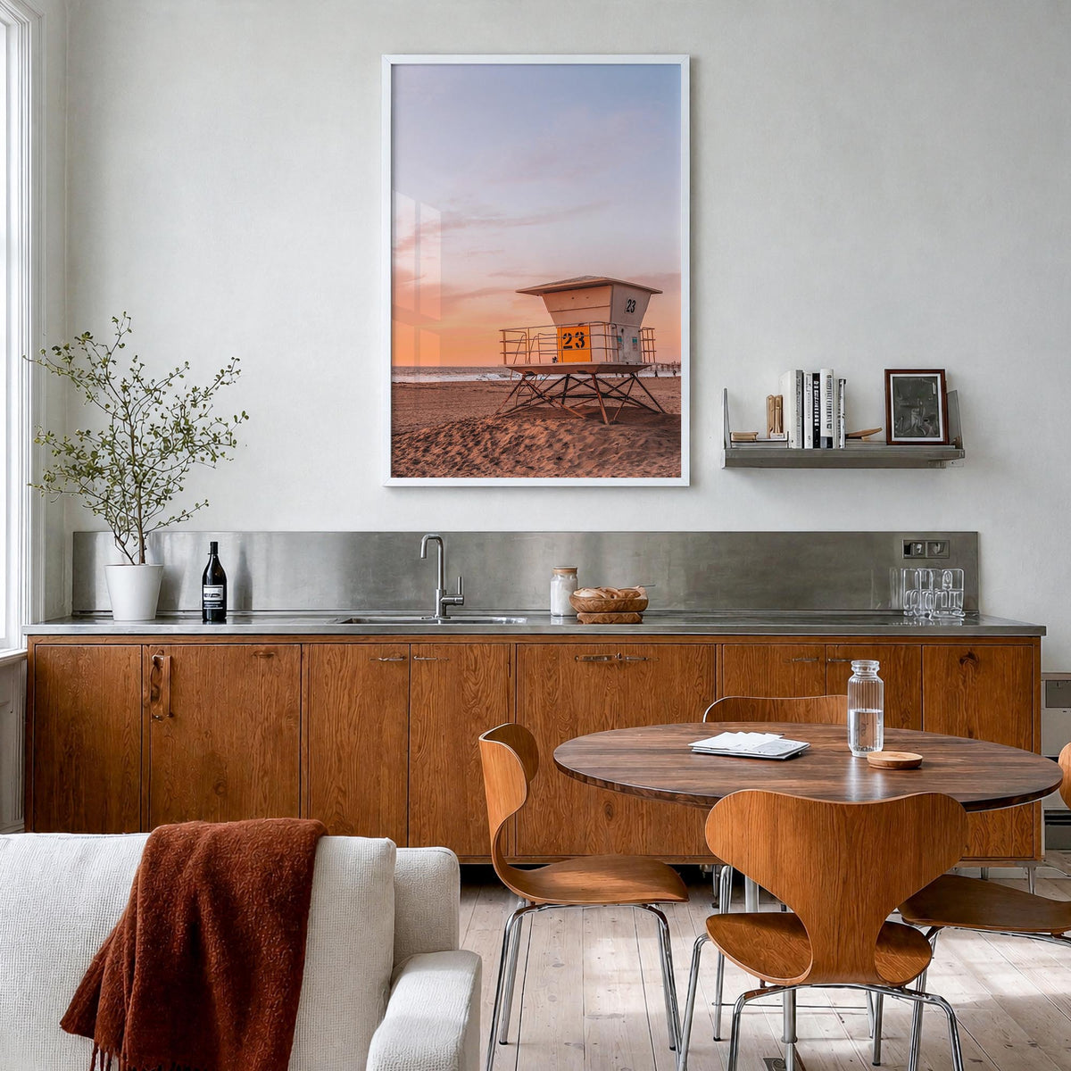Pacific Beach no. 3 colorful photo poster of San Diego, California – vertical wall art in white wood frame, hanging on wall