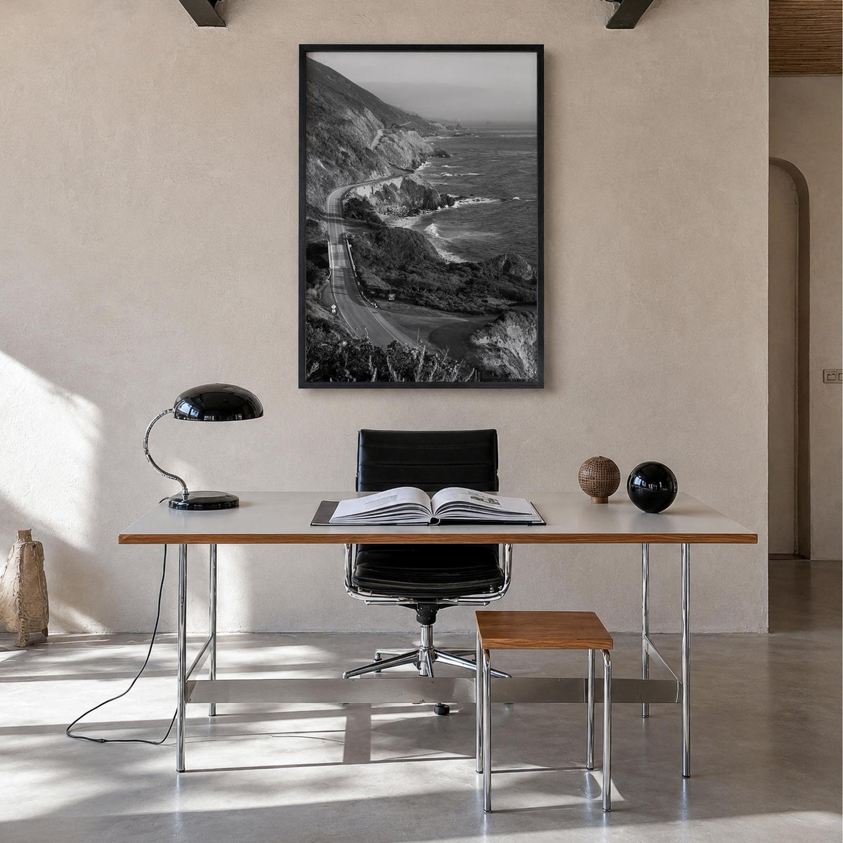 Pacific Coast Highway black & white photo poster of California, USA – vertical wall art in black wood frame, hanging on wall