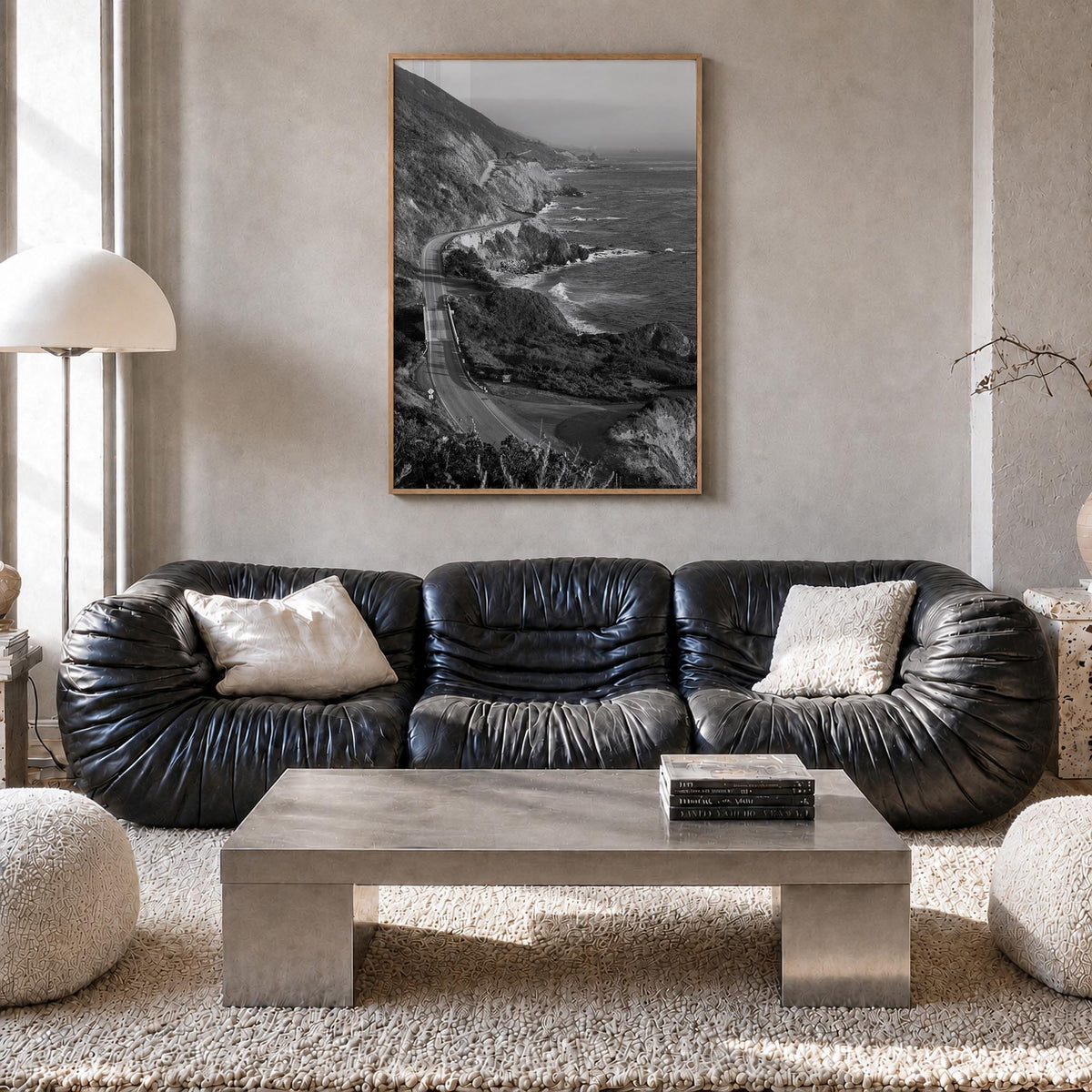 Pacific Coast Highway black & white photo poster of California, USA – vertical wall art in natural wood frame, hanging on wal