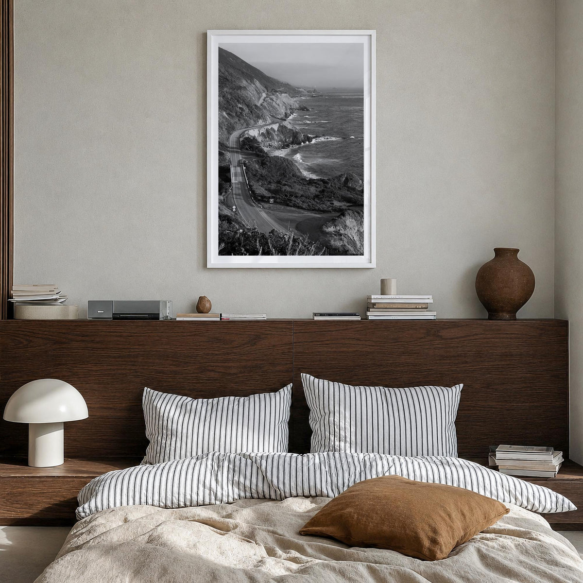 Pacific Coast Highway black & white photo poster of California, USA – vertical wall art in white wood frame with white border