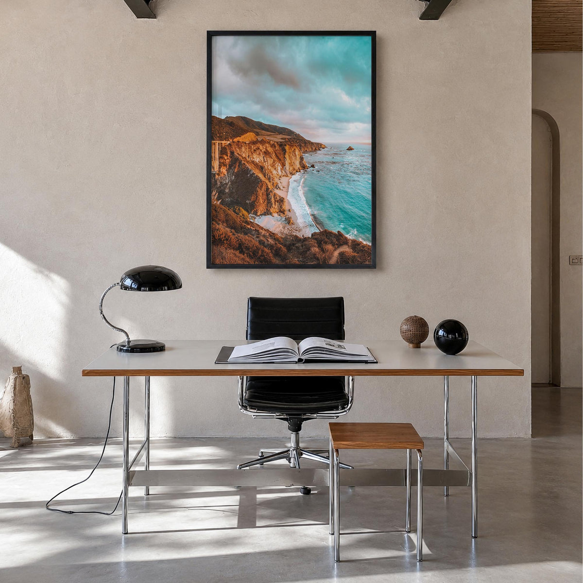 Pacific Coast Highway no. 1 colorful photo poster of California, USA – vertical wall art in black wood frame, hanging on wall