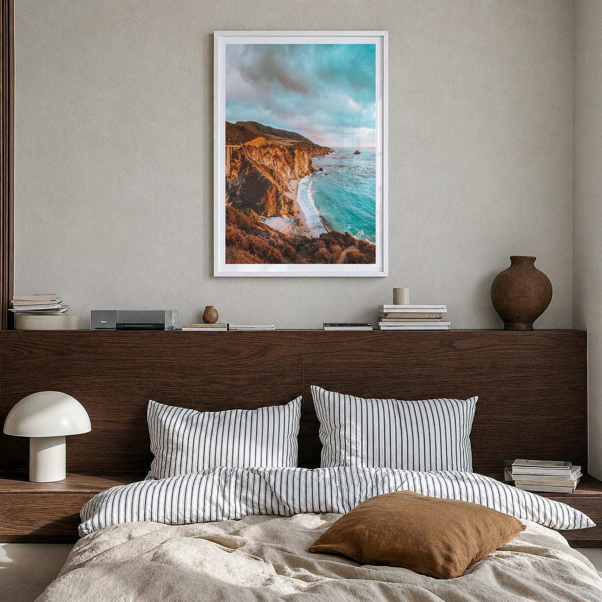 Pacific Coast Highway no. 1 colorful photo poster of California, USA – vertical wall art in white wood frame with white borde