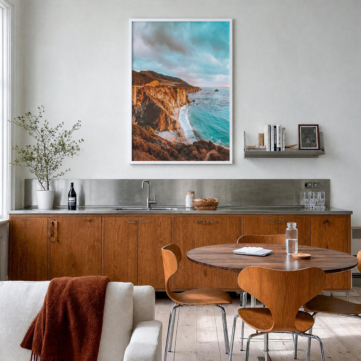 Pacific Coast Highway no. 1 colorful photo poster of California, USA – vertical wall art in white wood frame, hanging on wall