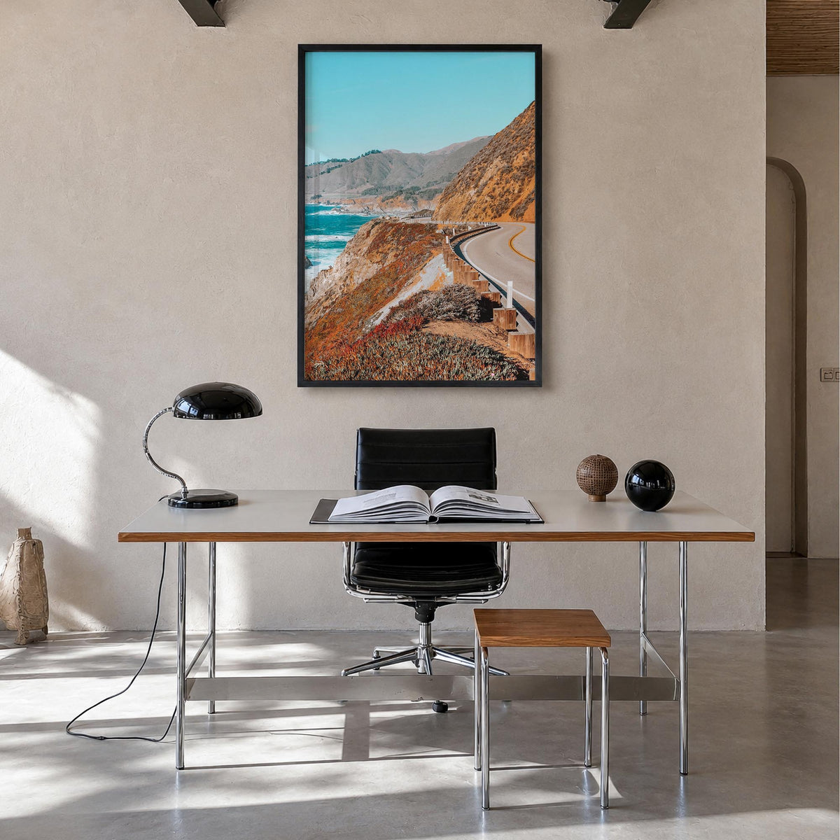 Pacific Coast Highway no. 2 colorful photo poster of California, USA – vertical wall art in black wood frame, hanging on wall
