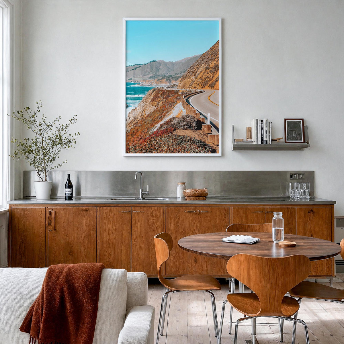 Pacific Coast Highway no. 2 colorful photo poster of California, USA – vertical wall art in white wood frame, hanging on wall
