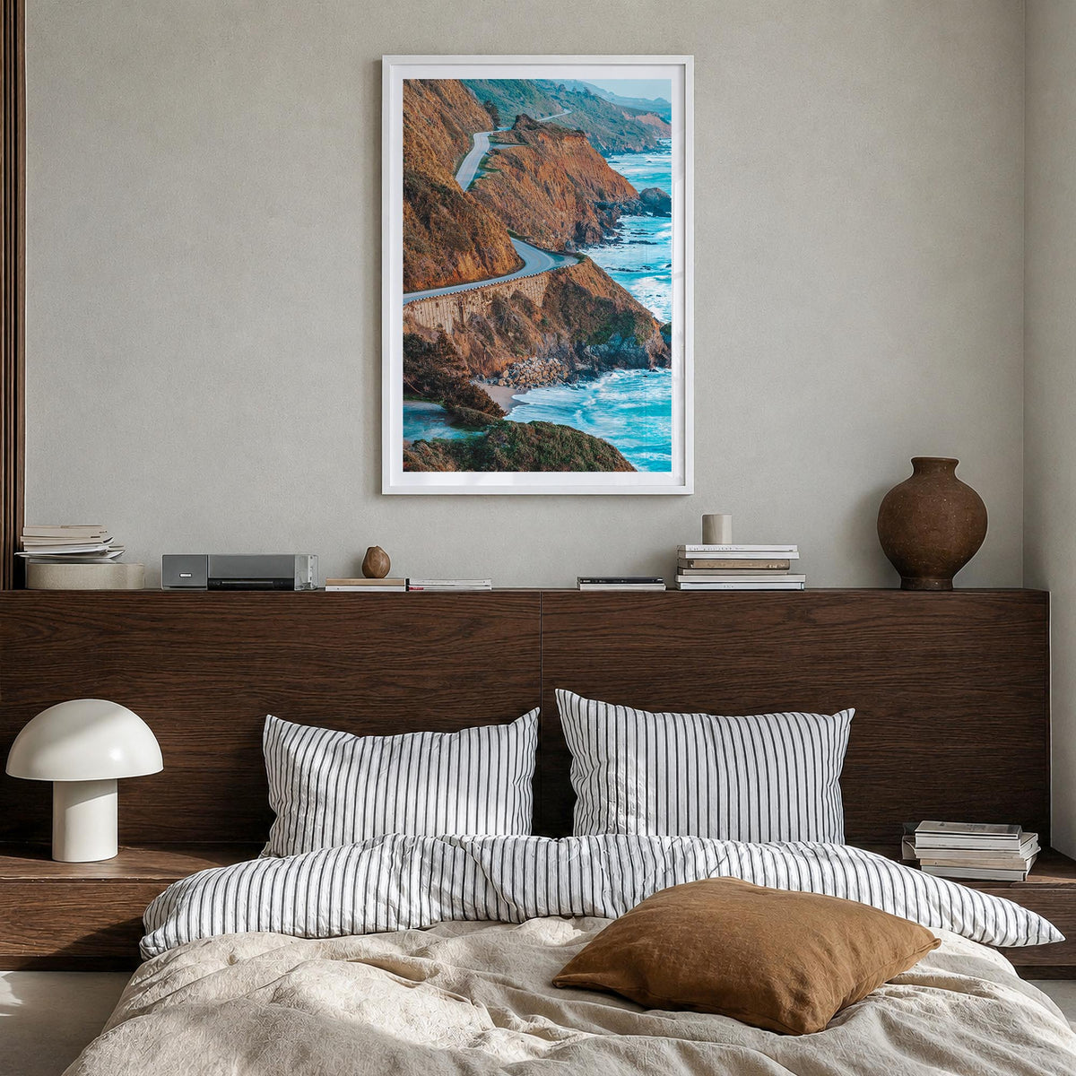 Pacific Coast Highway no. 3 colorful photo poster of California, USA – vertical wall art in white wood frame with white borde