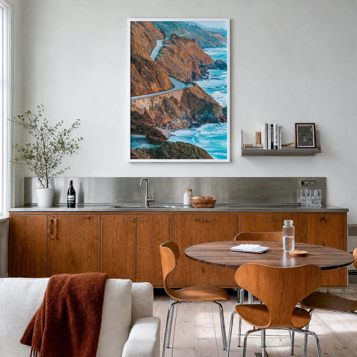 Pacific Coast Highway no. 3 colorful photo poster of California, USA – vertical wall art in white wood frame, hanging on wall