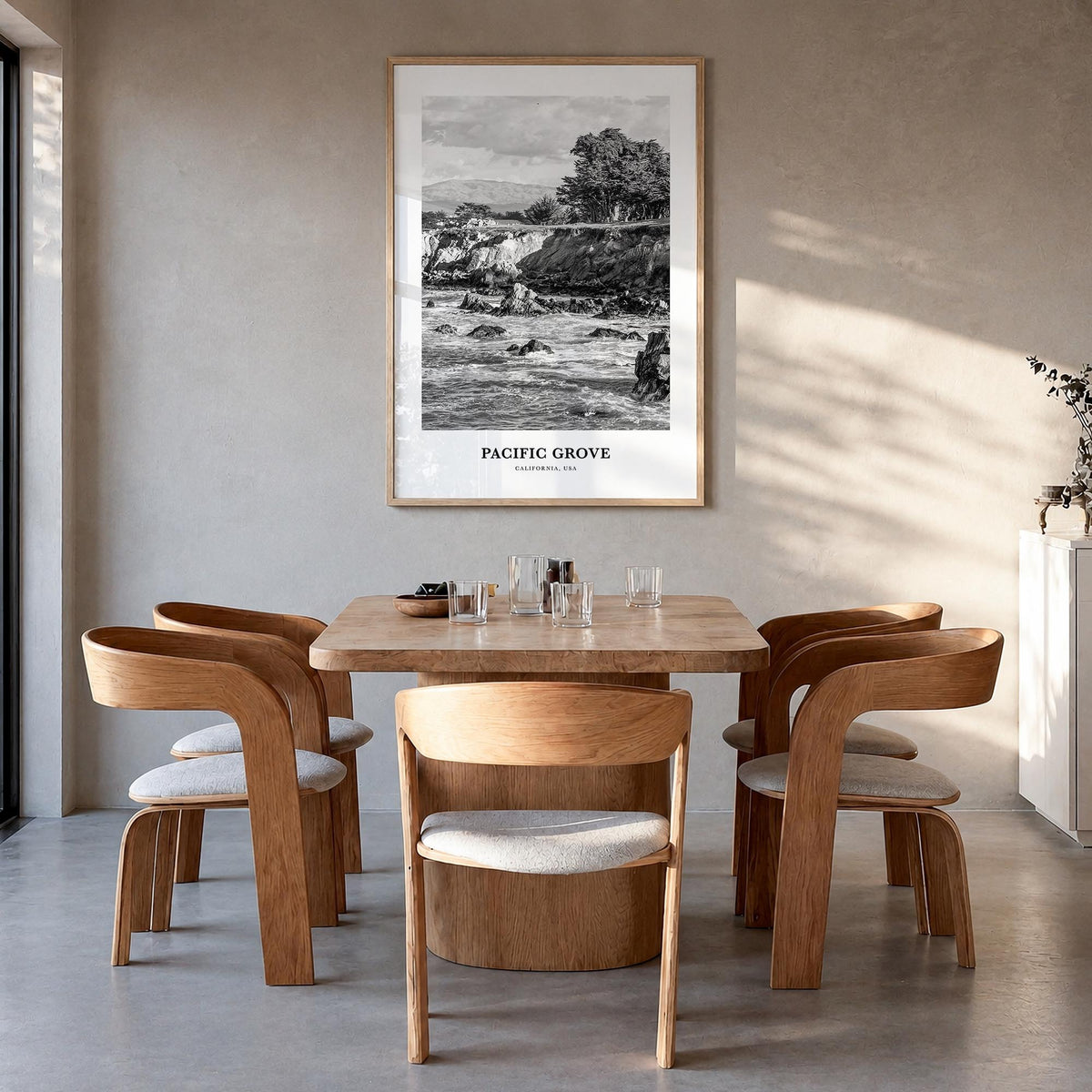 Pacific Grove black & white classic poster of California, USA – vertical wall art in natural wood frame, hanging on wall