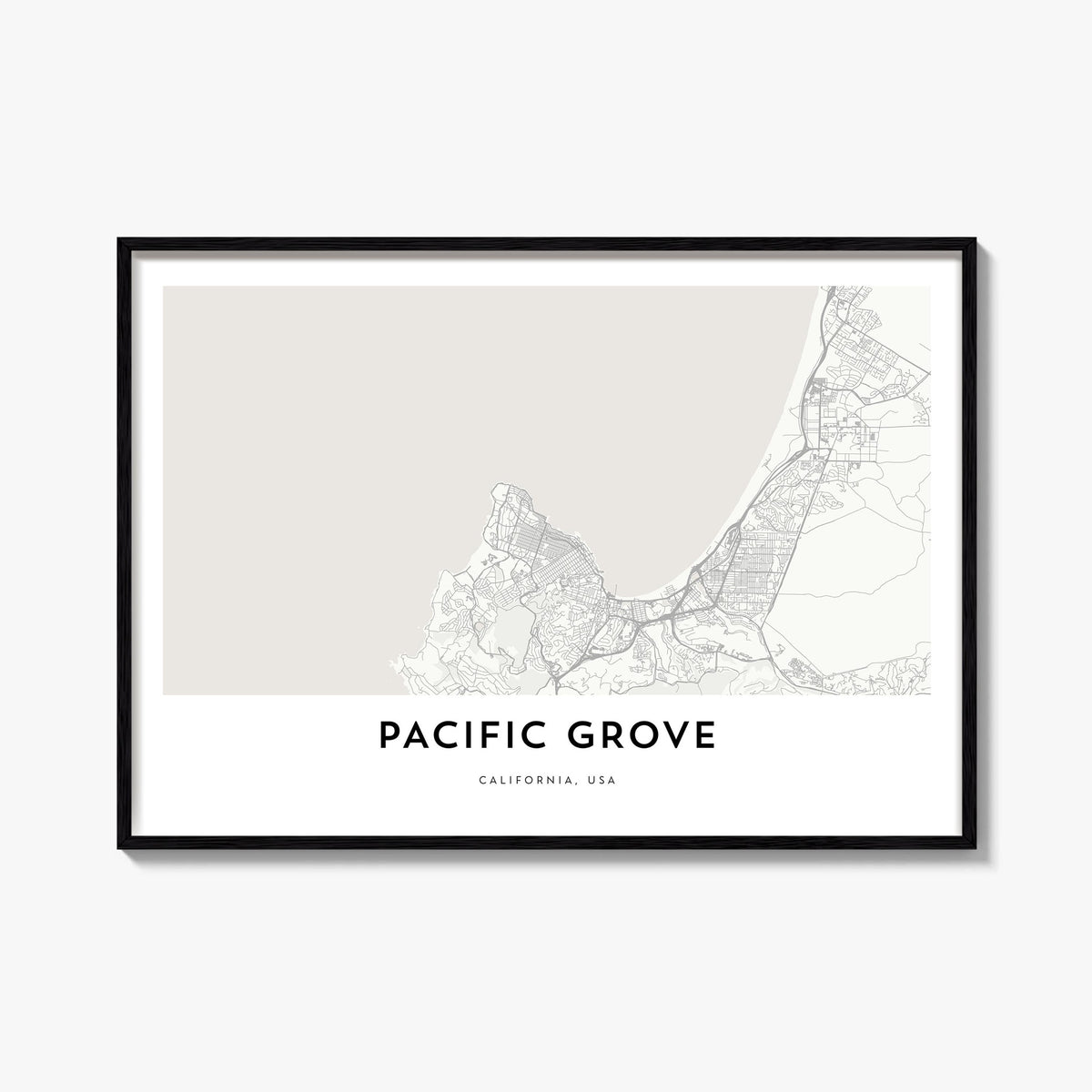Pacific Grove black & white map poster of California, USA – horizontal wall art, unframed print shown in interior mockup