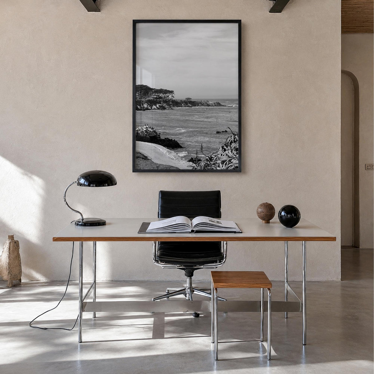 Pacific Grove black & white photo poster of California, USA – vertical wall art in black wood frame, hanging on wall