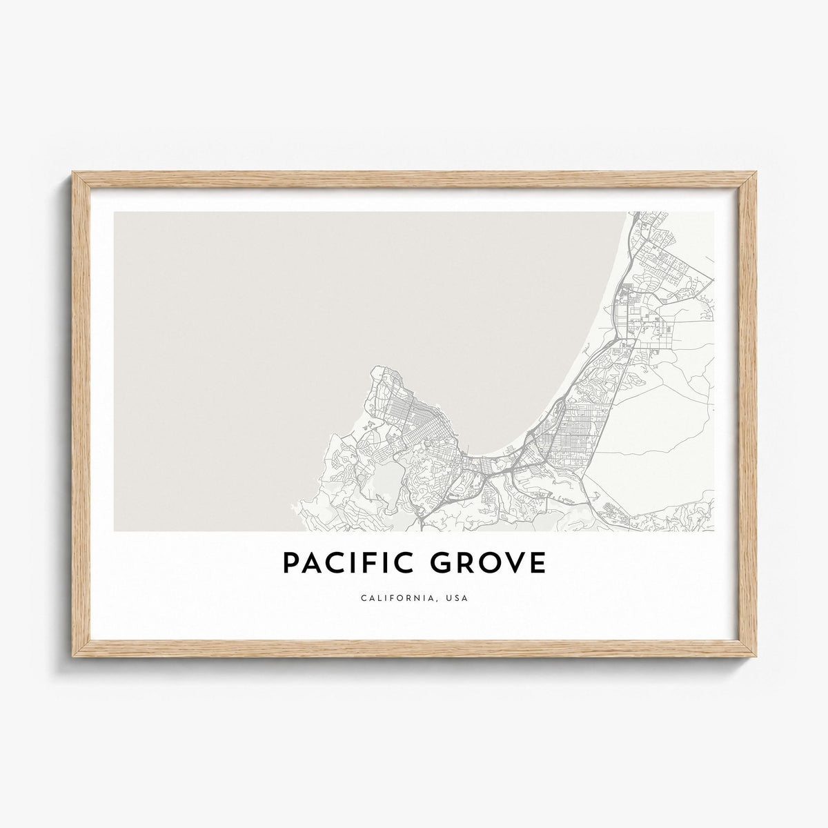 Pacific Grove Map Poster in a natural wood frame