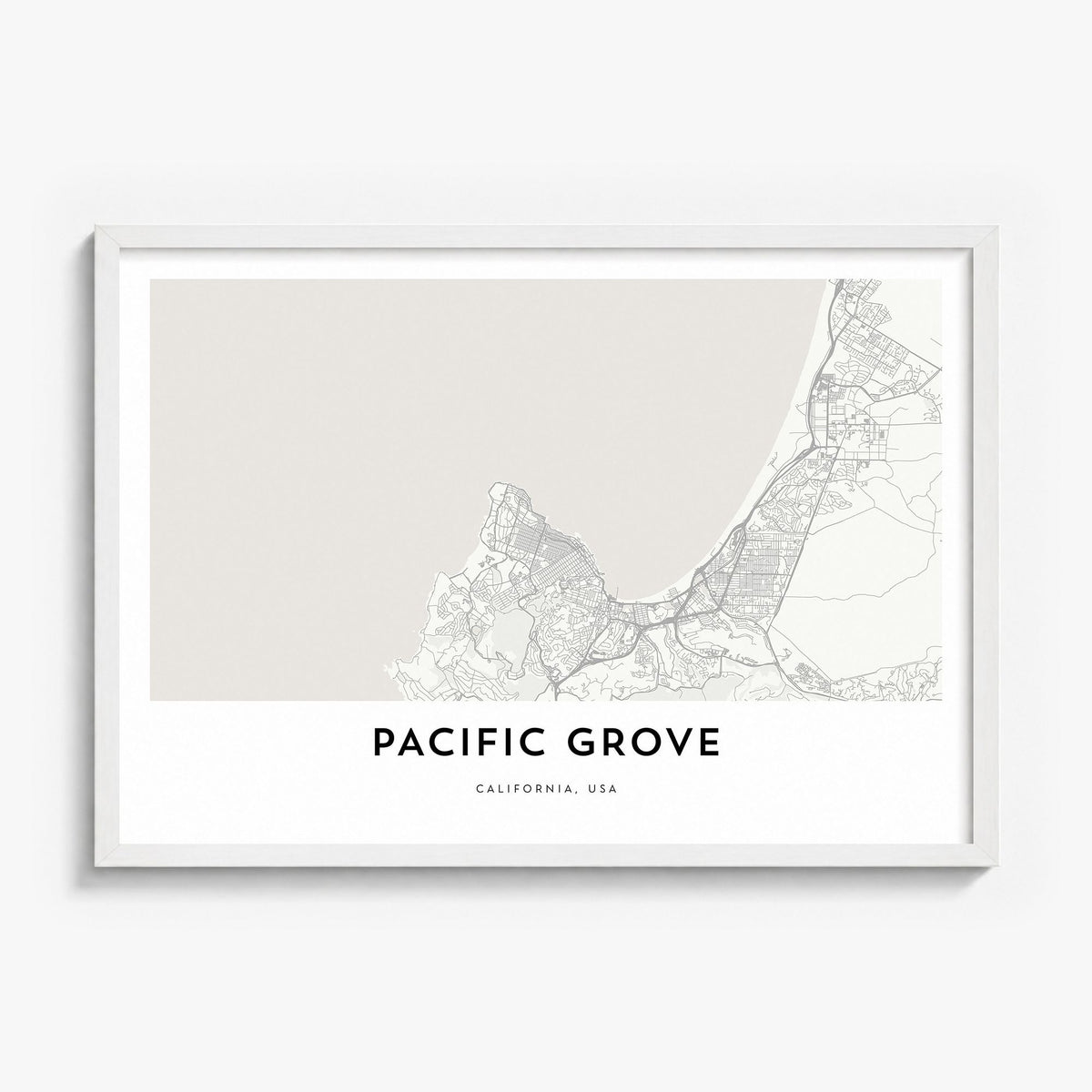 Pacific Grove Map Poster in a white wood frame