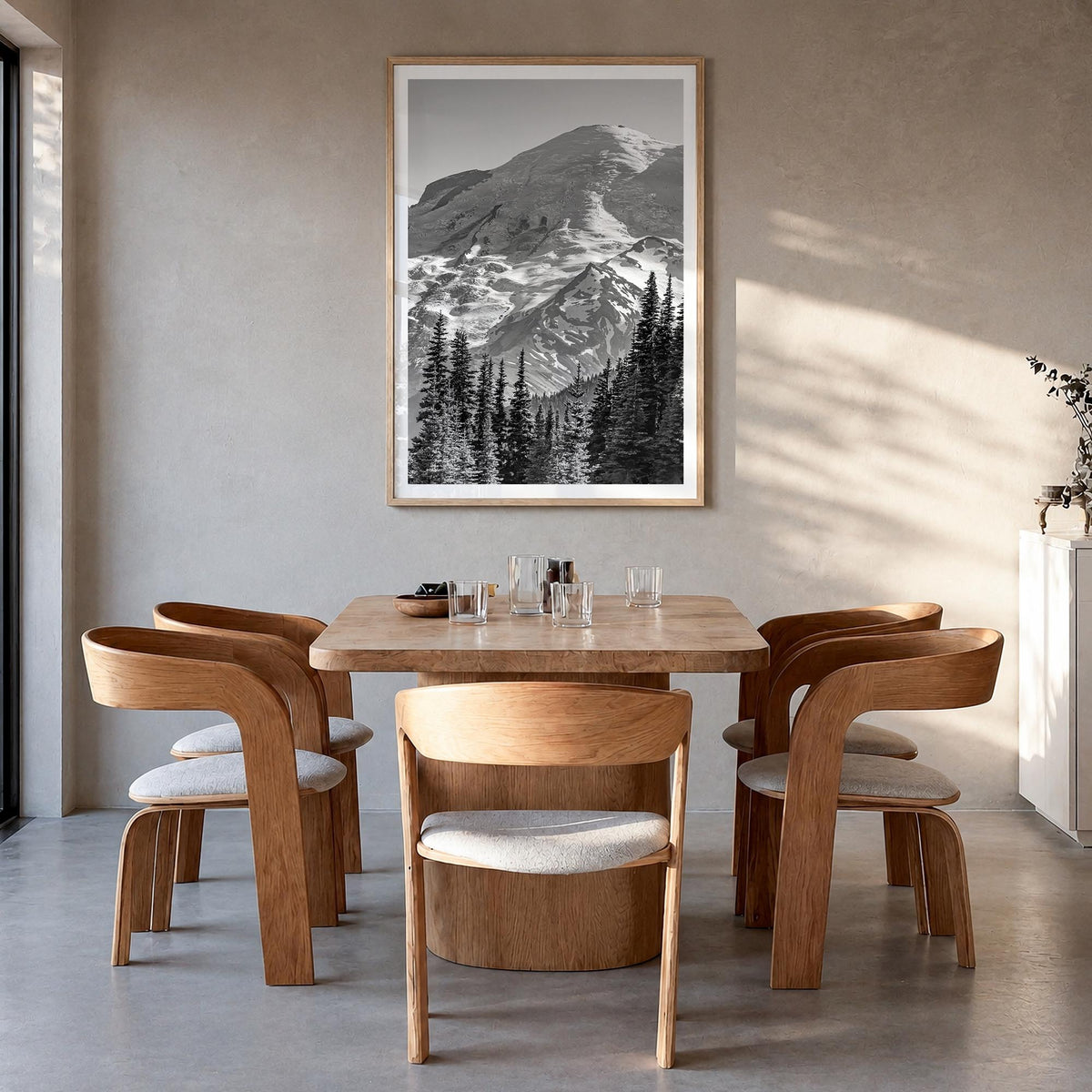 Pacific Northwest black & white photo poster of United States & Canada – vertical wall art in natural wood frame with white b