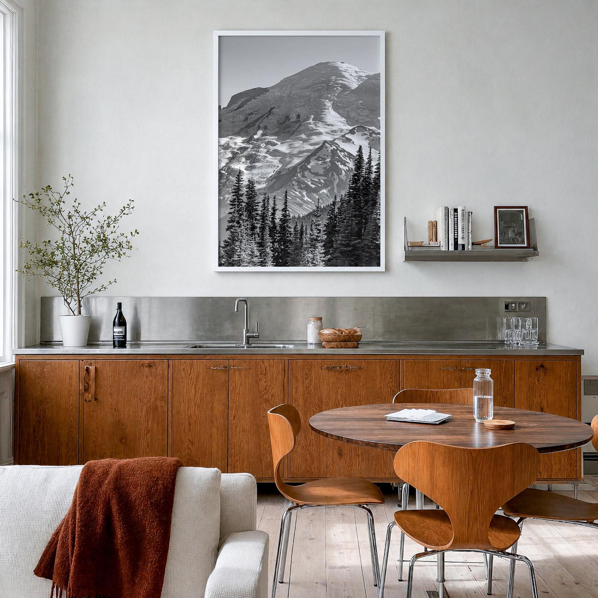 Pacific Northwest black & white photo poster of United States & Canada – vertical wall art in white wood frame, hanging on wa