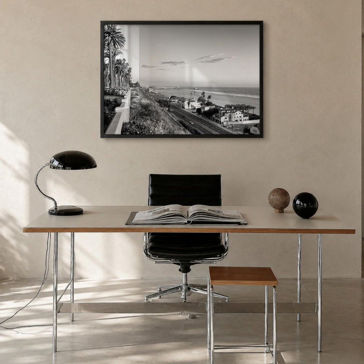 Pacific Palisades black & white photo poster of Los Angeles, California – horizontal wall art in black wood frame, hanging on