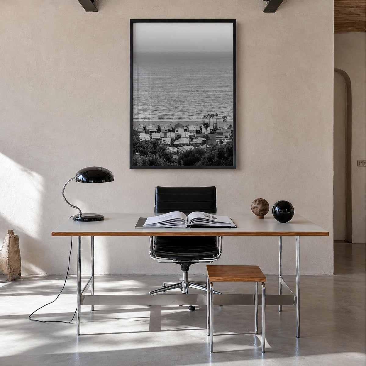 Pacific Palisades black & white photo poster of Los Angeles, California – vertical wall art in black wood frame, hanging on w