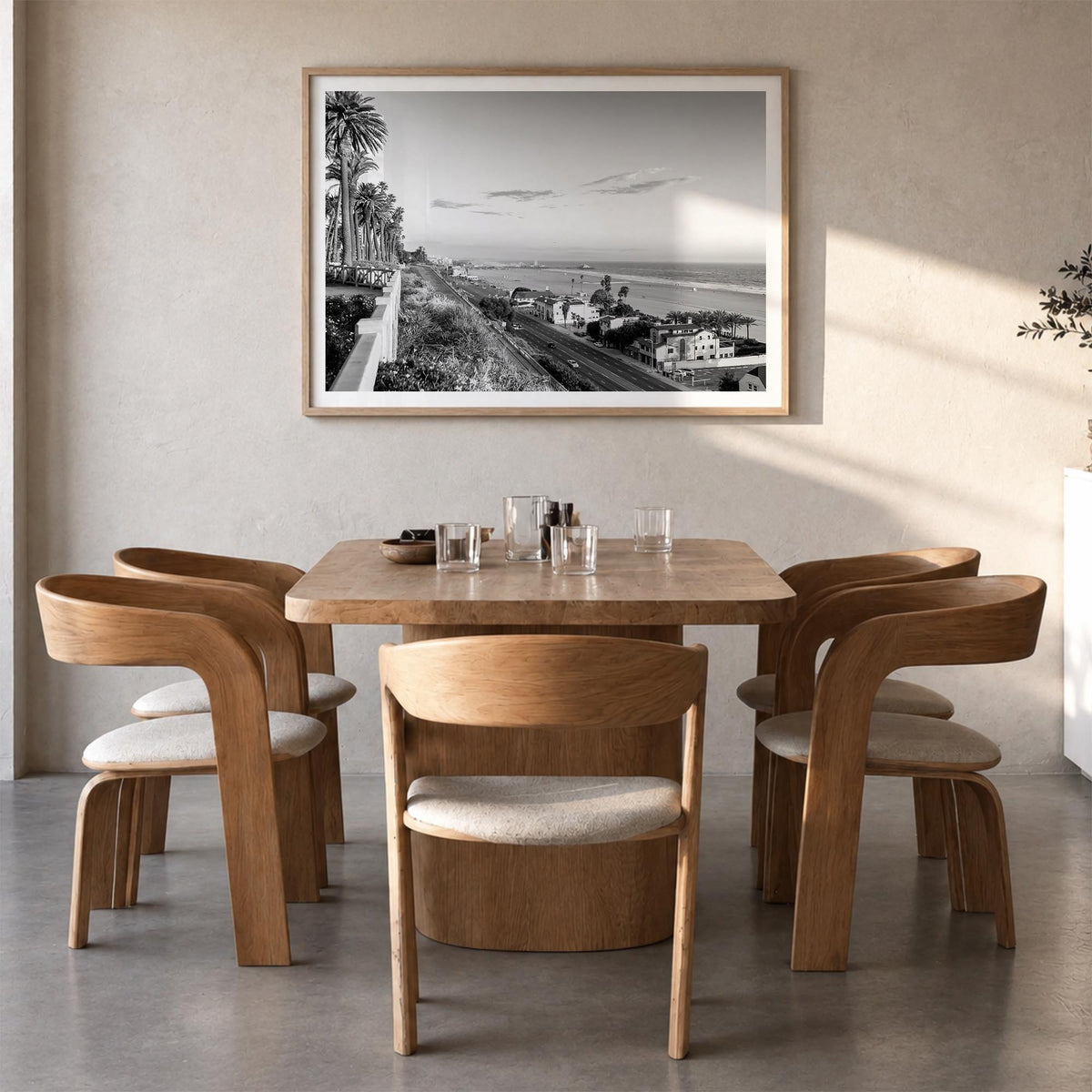 Pacific Palisades black & white photo poster of Los Angeles, California – horizontal wall art in natural wood frame with whit