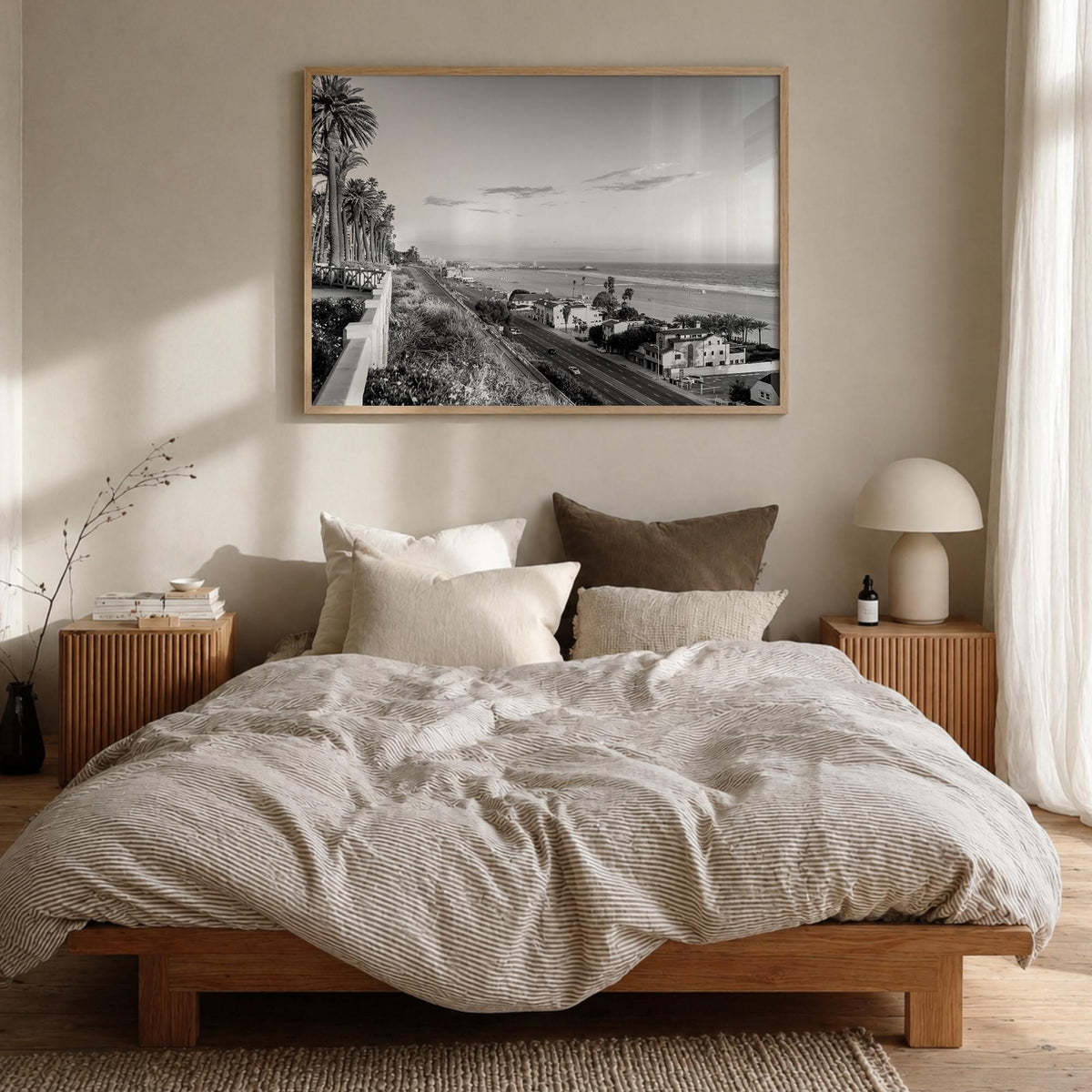 Pacific Palisades black & white photo poster of Los Angeles, California – horizontal wall art in natural wood frame, hanging