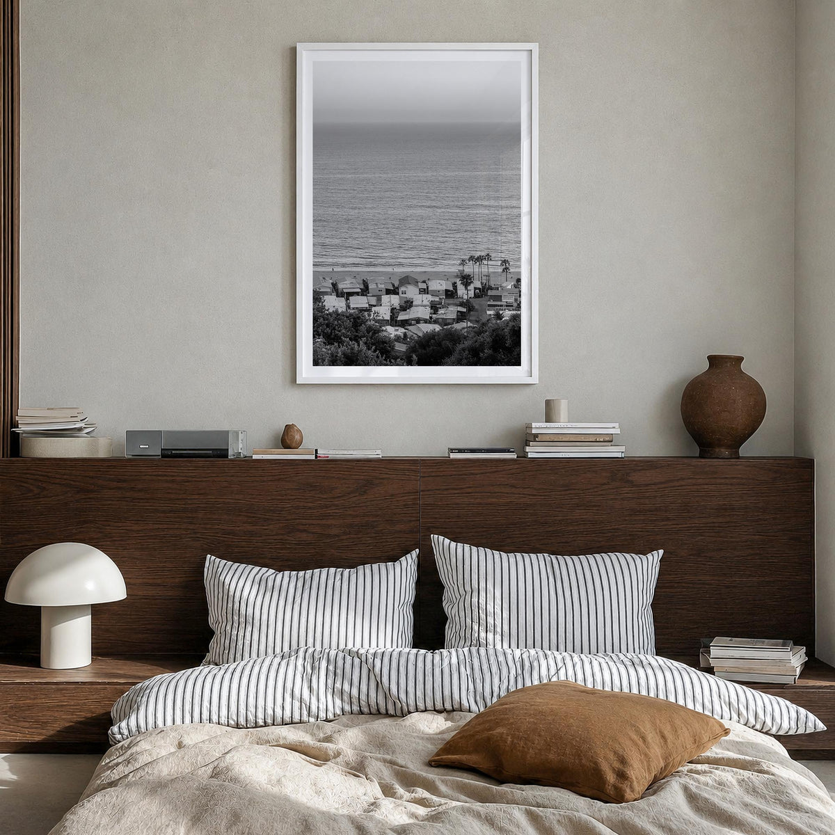 Pacific Palisades black & white photo poster of Los Angeles, California – vertical wall art in white wood frame with white bo