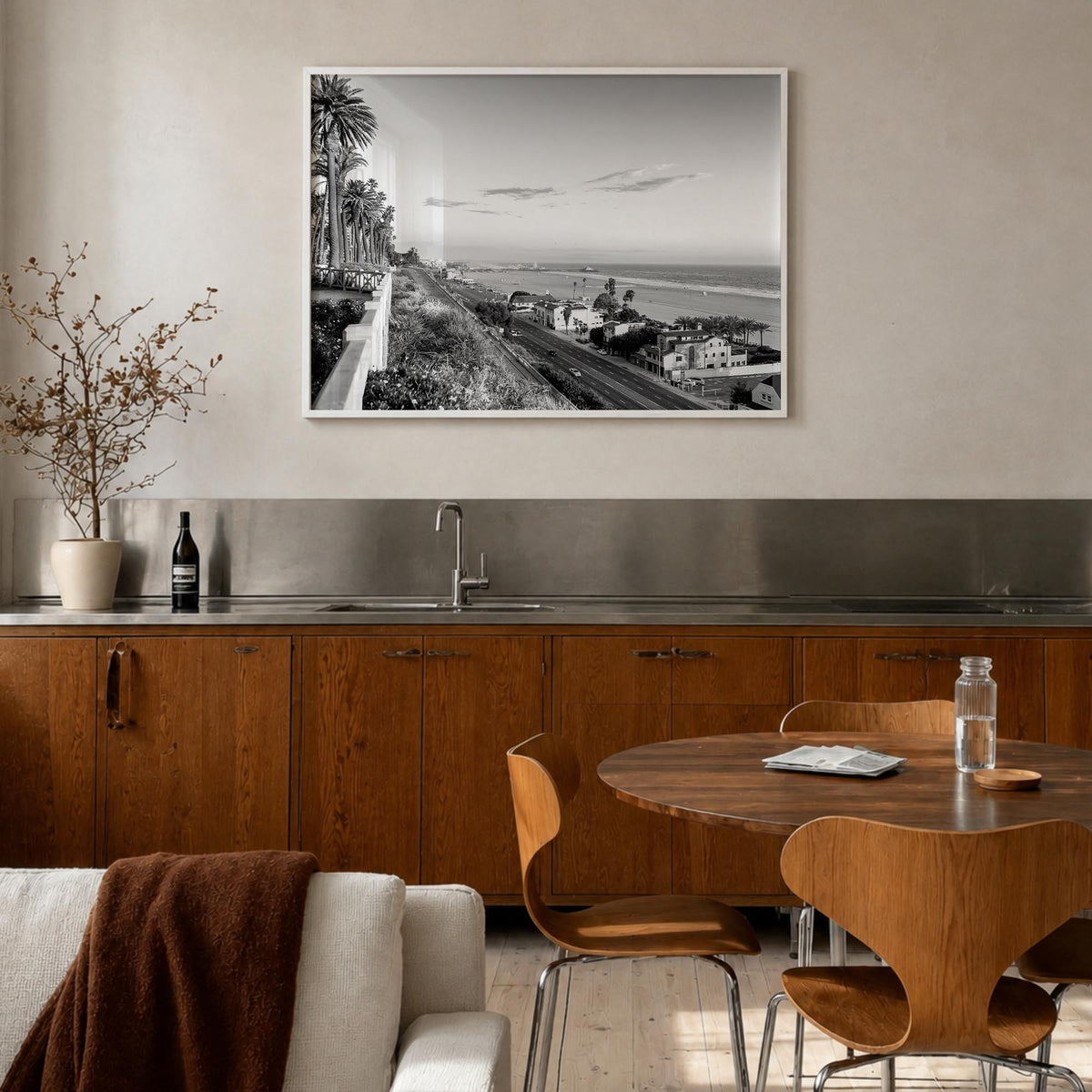 Pacific Palisades black & white photo poster of Los Angeles, California – horizontal wall art in white wood frame, hanging on