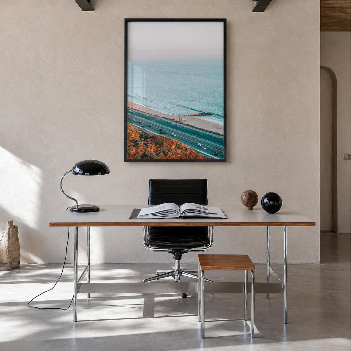 Pacific Palisades no. 4 colorful photo poster of Los Angeles, California – vertical wall art in black wood frame, hanging on