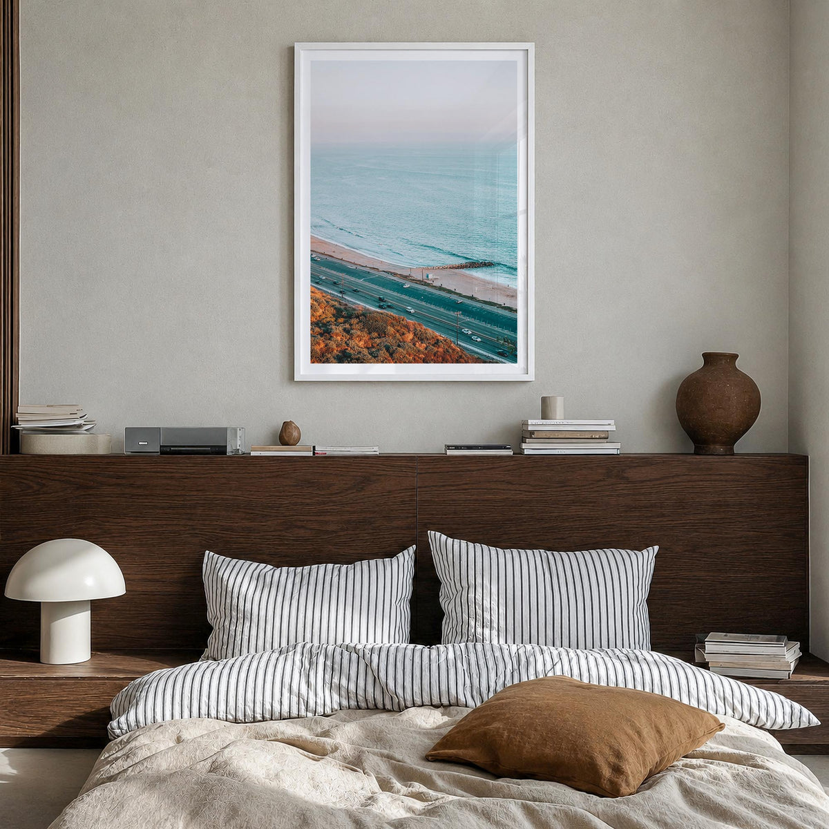 Pacific Palisades no. 4 colorful photo poster of Los Angeles, California – vertical wall art in white wood frame with white b