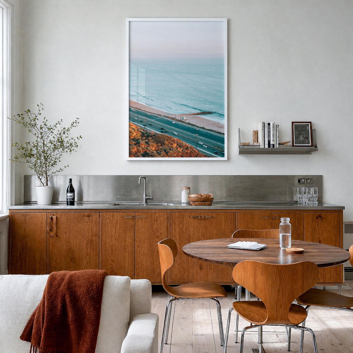 Pacific Palisades no. 4 colorful photo poster of Los Angeles, California – vertical wall art in white wood frame, hanging on