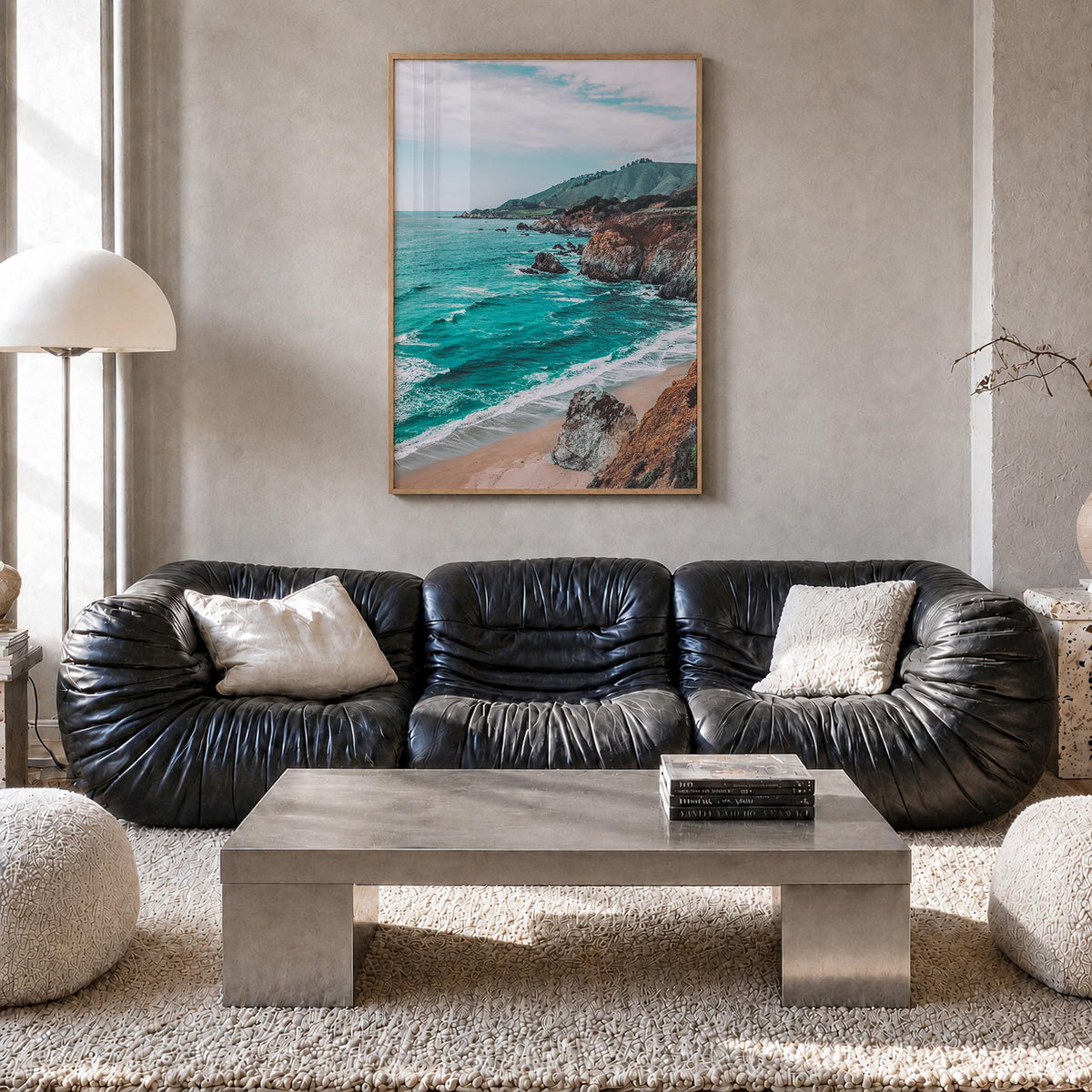 Pacifica colorful photo poster of California, USA – vertical wall art in natural wood frame, hanging on wall