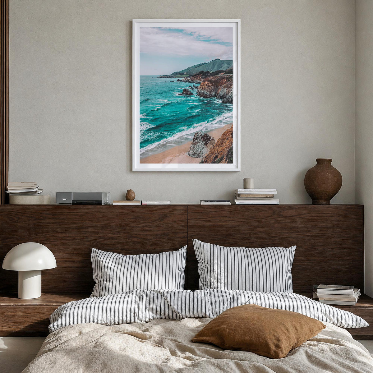 Pacifica colorful photo poster of California, USA – vertical wall art in white wood frame with white border, hanging on wall