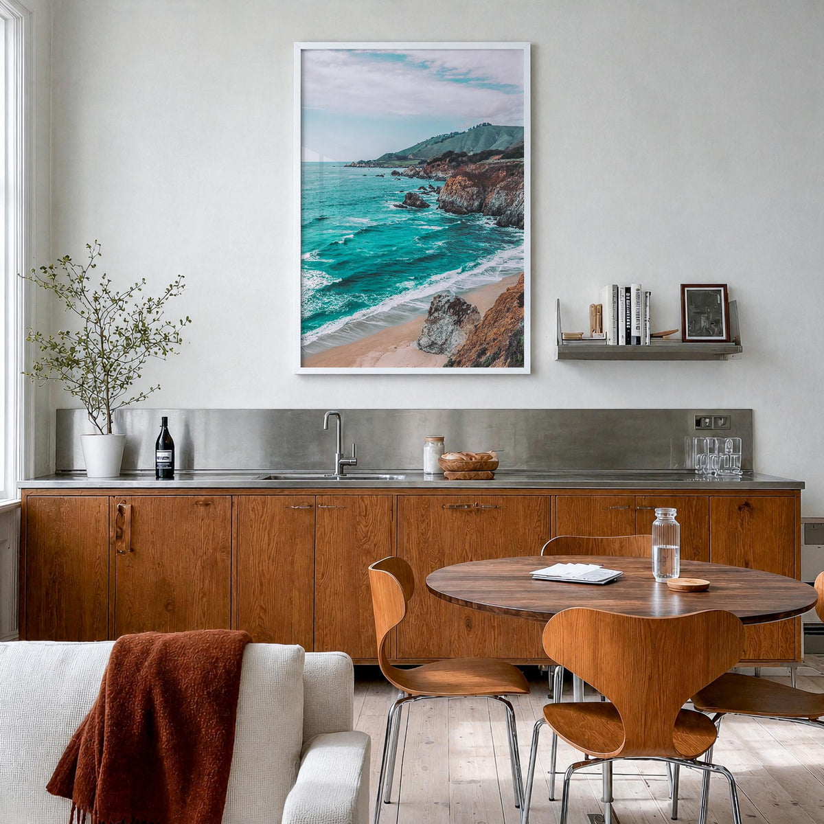 Pacifica colorful photo poster of California, USA – vertical wall art in white wood frame, hanging on wall