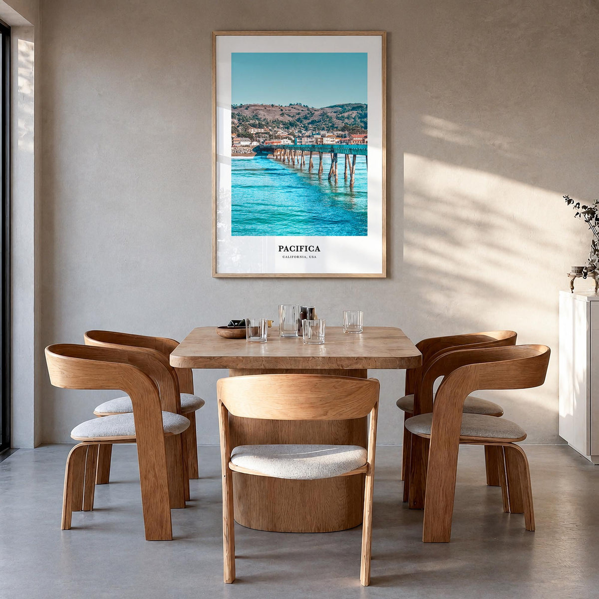 Pacifica no. 1 colorful classic poster of California, USA – vertical wall art in natural wood frame, hanging on wall