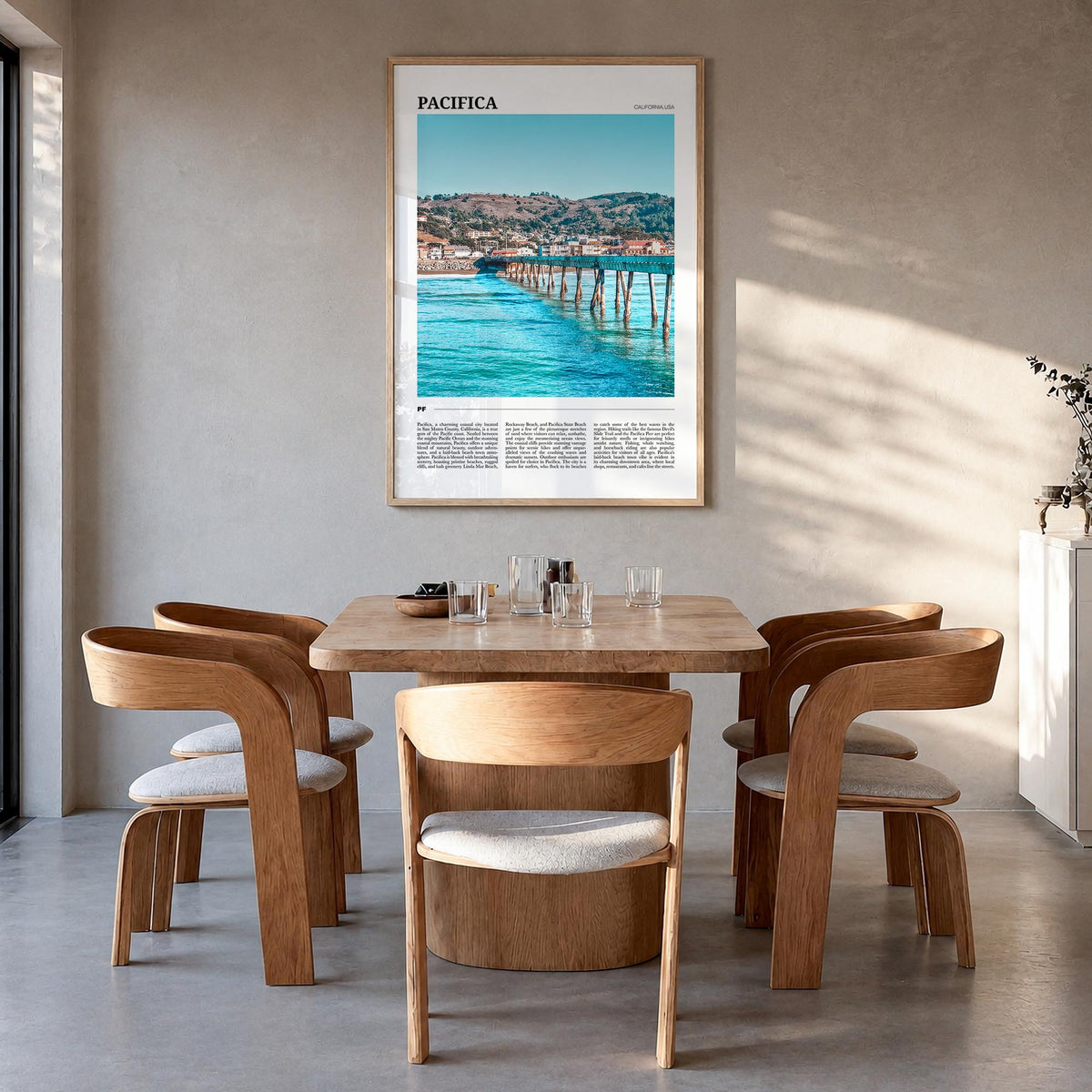 Pacifica no. 1 colorful travel poster of California, USA – vertical wall art in natural wood frame, hanging on wall