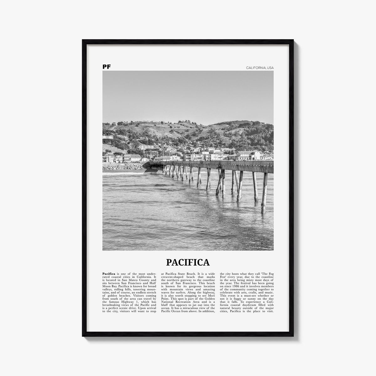 Pacifica no. 2 black & white newspaper poster of California, USA – vertical wall art, unframed print shown in interior mockup