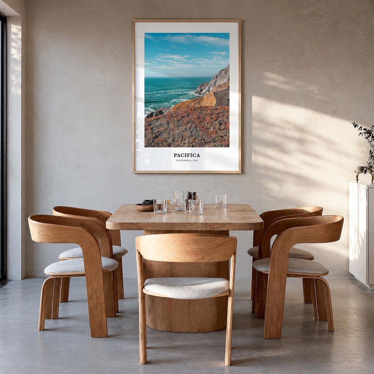 Pacifica no. 2 colorful classic poster of California, USA – vertical wall art in natural wood frame, hanging on wall