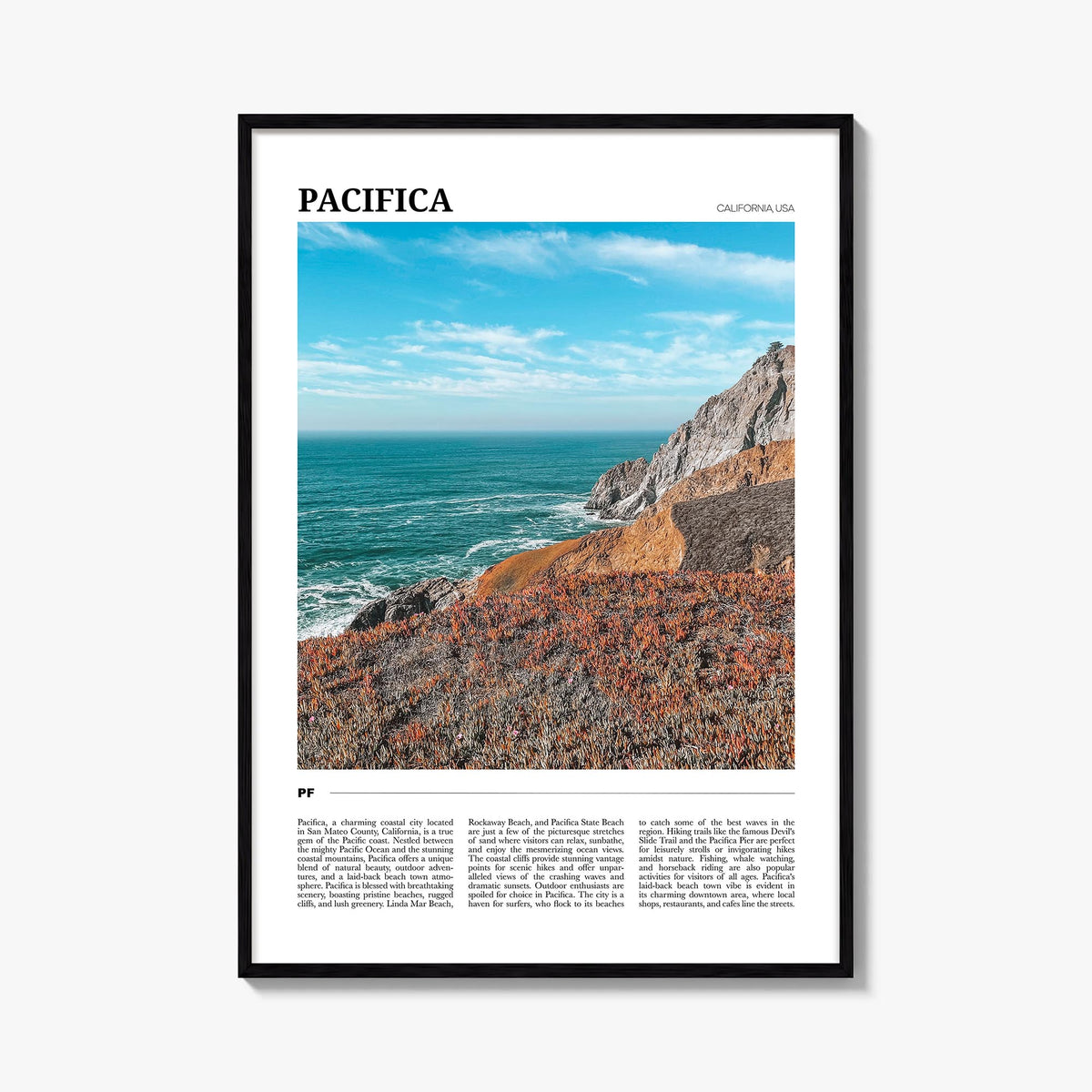 Pacifica no. 2 colorful travel poster of California, USA – vertical wall art, unframed print shown in interior mockup