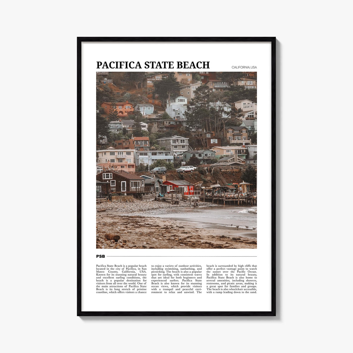Pacifica State Beach colorful travel poster of California, USA – vertical wall art, unframed print shown in interior mockup