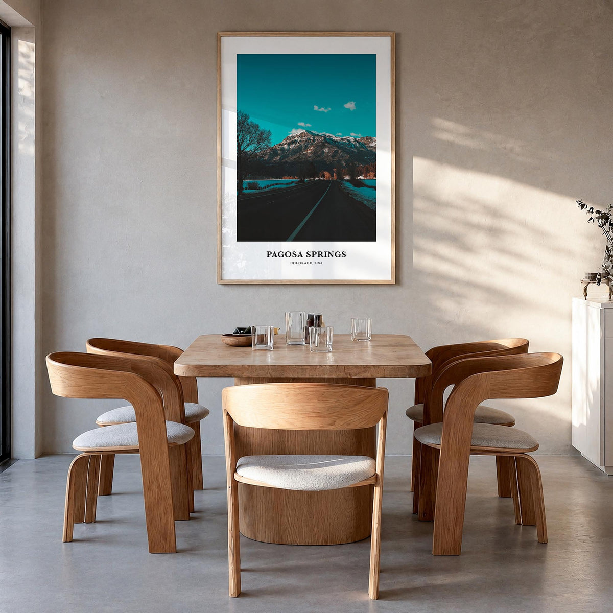 Pagosa Springs colorful classic poster of Colorado, USA – vertical wall art in natural wood frame, hanging on wall