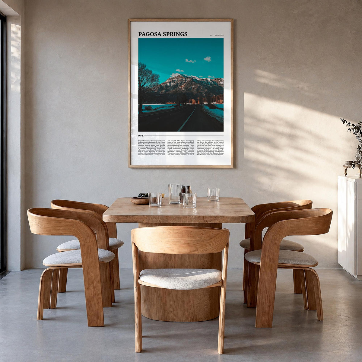 Pagosa Springs colorful travel poster of Colorado, USA – vertical wall art in natural wood frame, hanging on wall