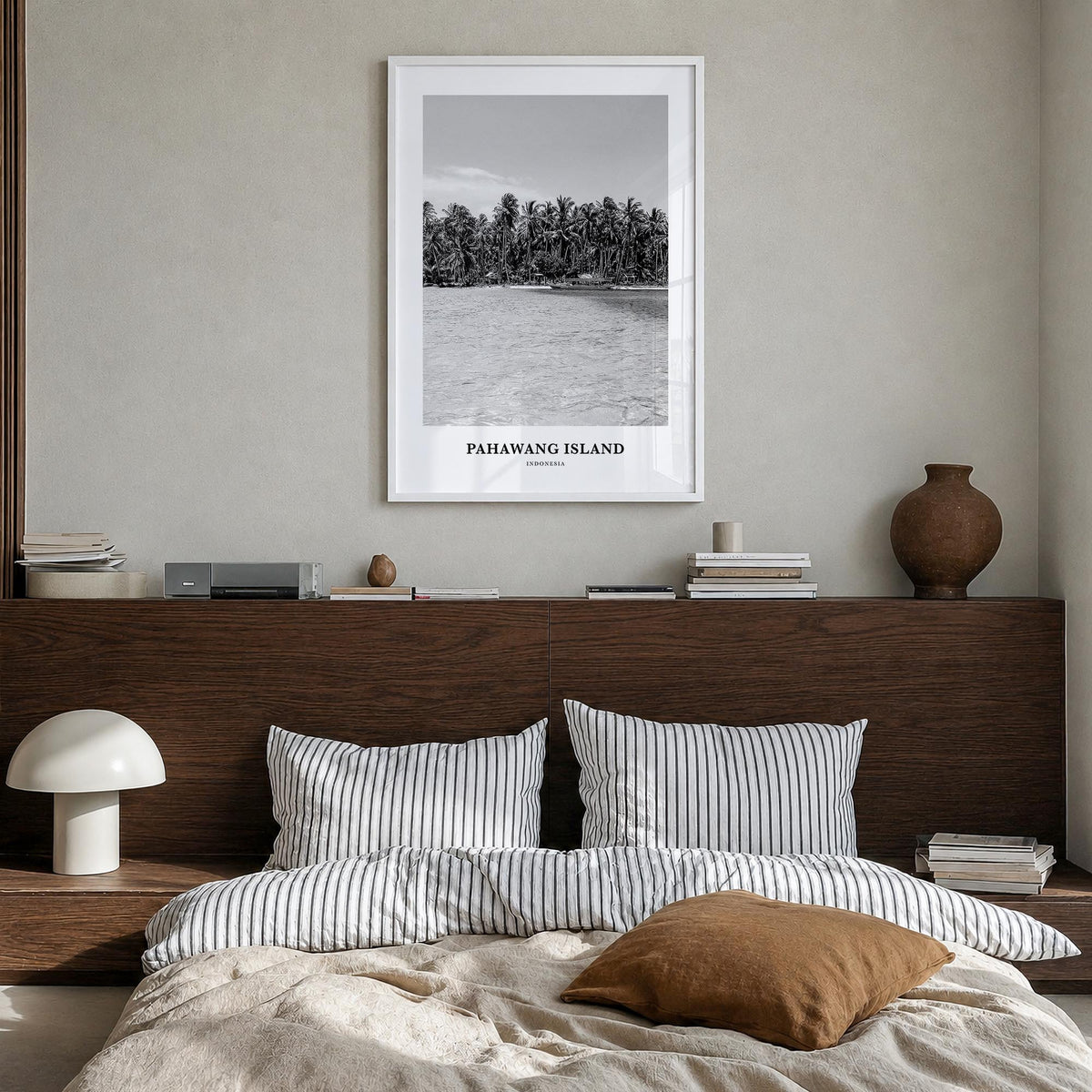 Pahawang Island black & white classic poster of Indonesia – vertical wall art in white wood frame, hanging on wall