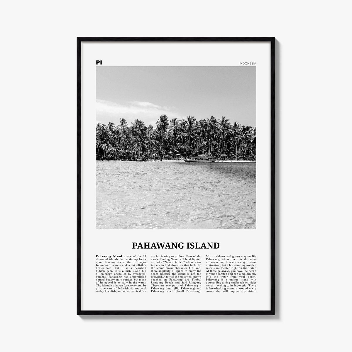 Pahawang Island black & white newspaper poster of Indonesia – vertical wall art, unframed print shown in interior mockup