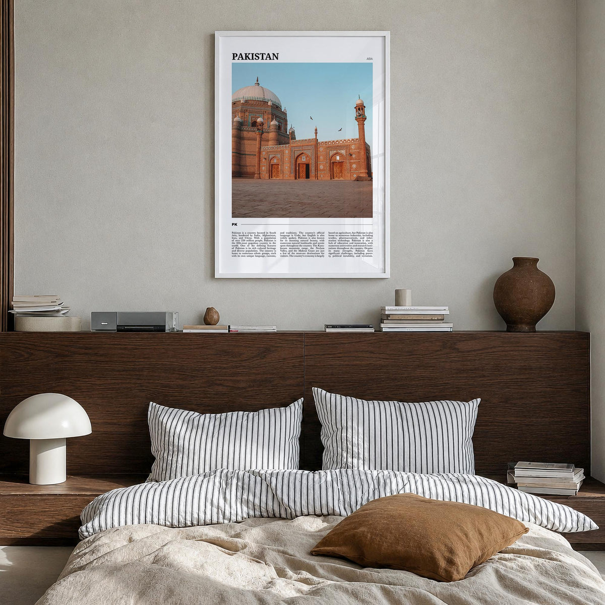 Pakistan colorful travel poster of Asia – vertical wall art in white wood frame, hanging on wall