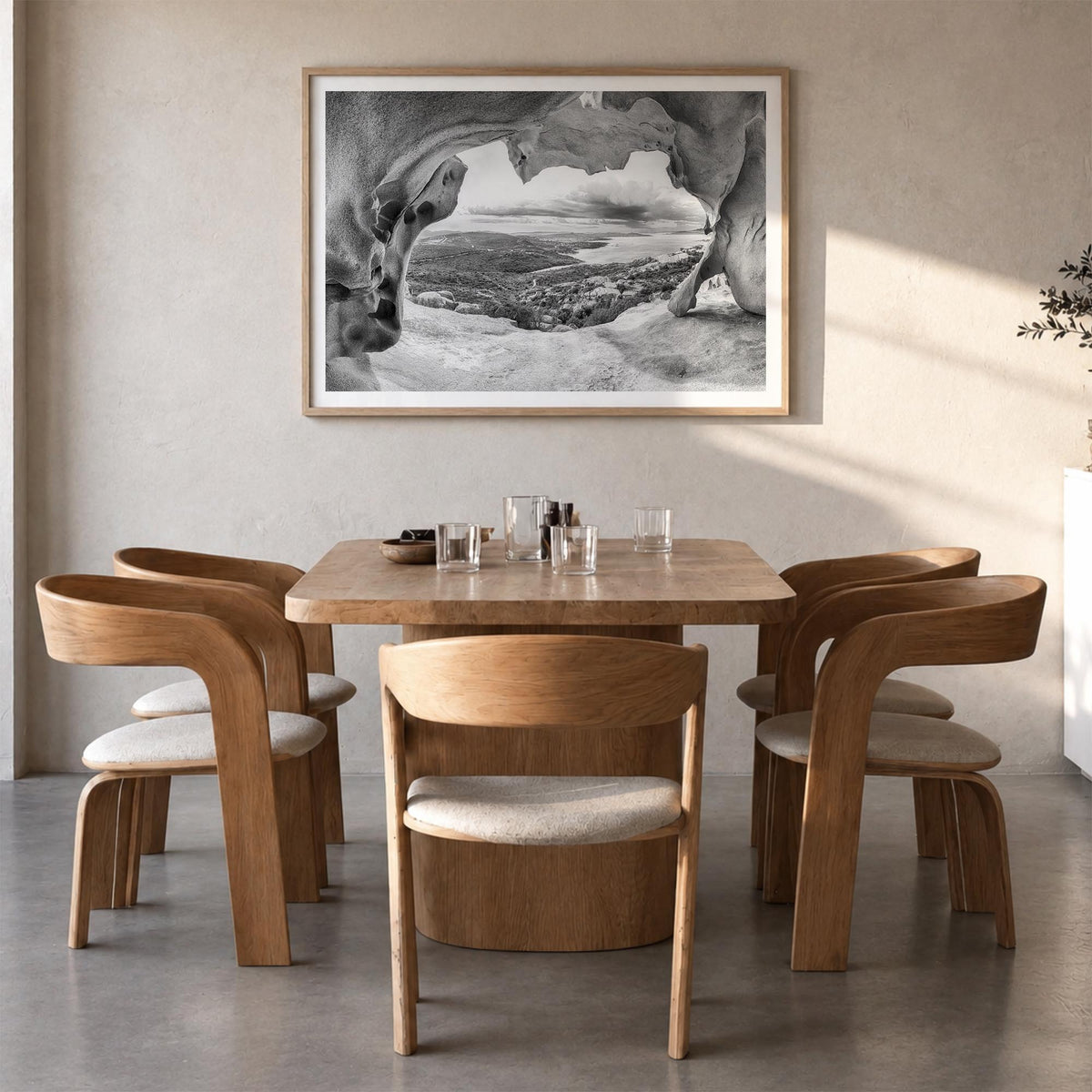 Palau, Italy black & white photo poster of Italy – horizontal wall art in natural wood frame with white border, hanging on wa