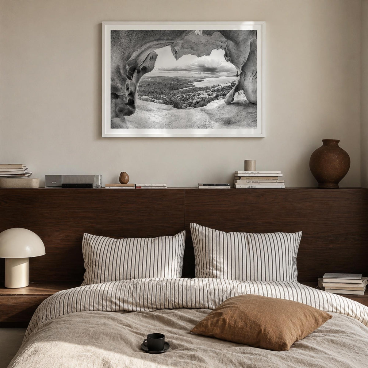 Palau, Italy black & white photo poster of Italy – horizontal wall art in white wood frame with white border, hanging on wall