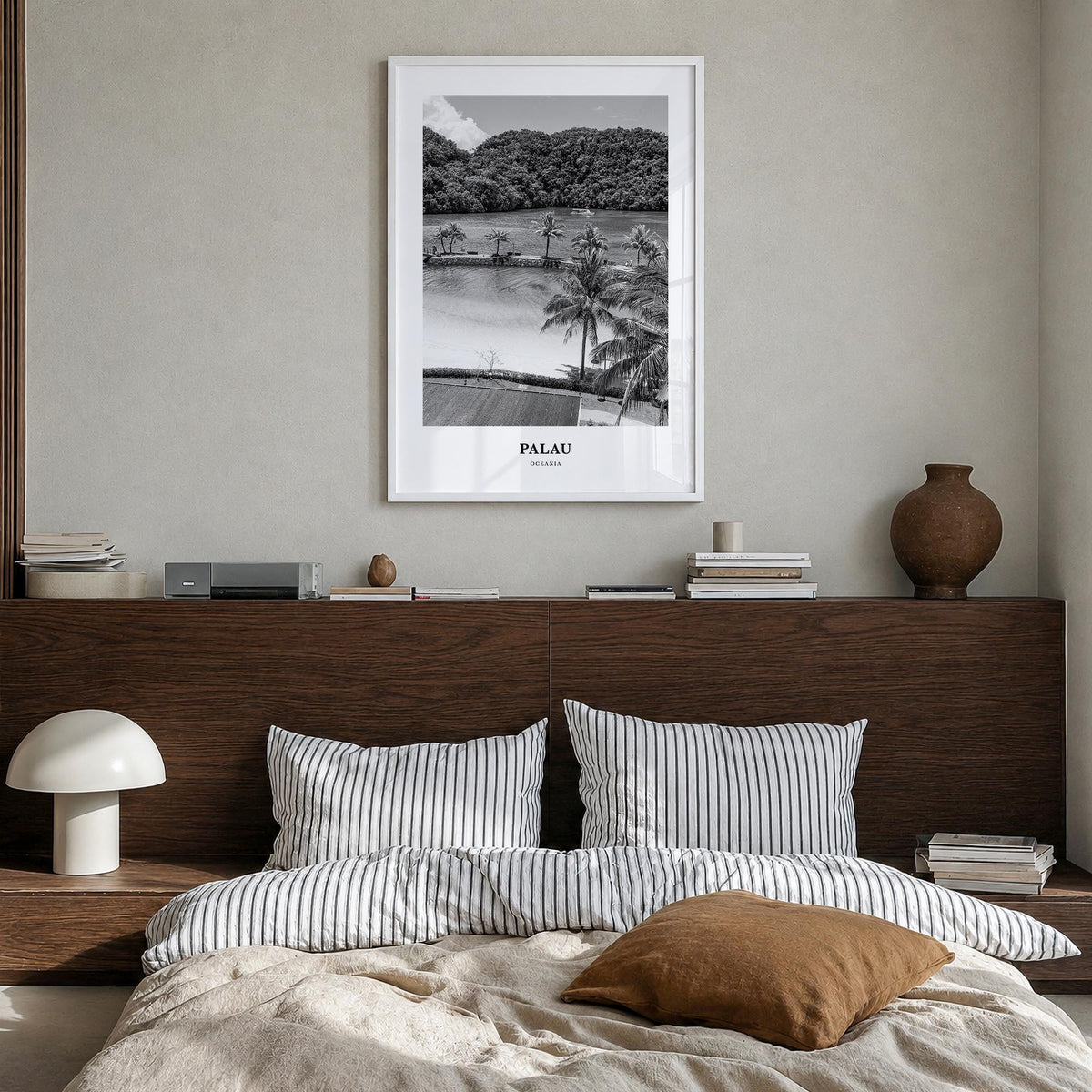 Palau black & white classic poster of Oceania – vertical wall art in white wood frame, hanging on wall
