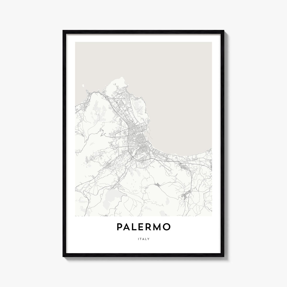Palermo black & white map poster of Italy – vertical wall art, unframed print shown in interior mockup