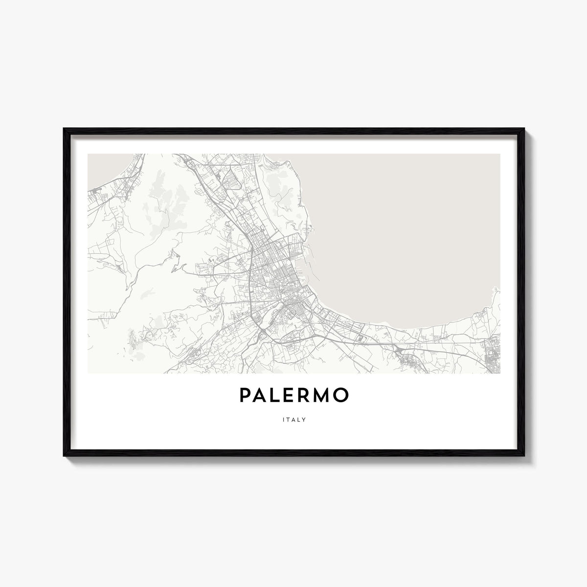 Palermo black & white map poster of Italy – horizontal wall art, unframed print shown in interior mockup