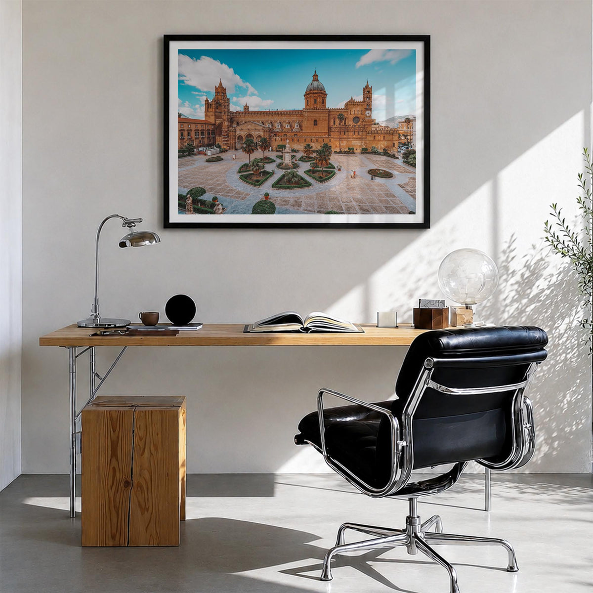 Palermo colorful photo poster of Italy – horizontal wall art in black wood frame with white border, hanging on wall